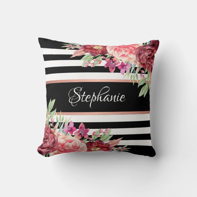 Black Stripes Burgundy Floral Personalized Throw Pillow (Front)
