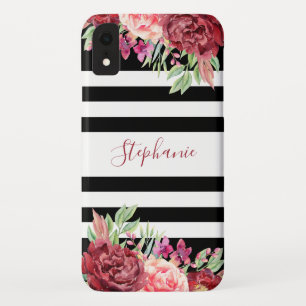 Black Stripes Burgundy Floral Watercolor Monogram iPhone XR Case