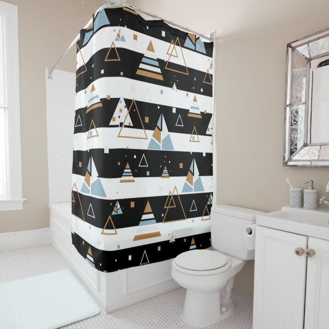 Black Stripes Colorful Triangles Geometric Design Shower Curtain (In Situ)
