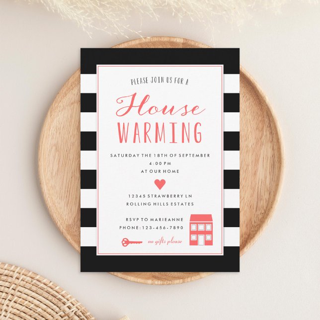 Black Stripes Coral Housewarming Party Invitation (Creator Uploaded)