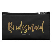 Black Stripes Faux Gold Brush Script Bridesmaid Cosmetic Bag