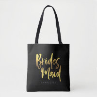 Black Stripes Faux Gold Brush Script Bridesmaid Tote Bag