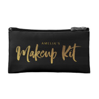 Black Stripes & Faux Gold Brush Script Makeup Bag