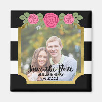 Black Stripes Faux Gold Floral Save the Date Photo Magnet