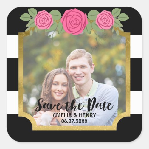 Black Stripes Faux Gold Floral Save the Date Photo Square Sticker