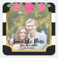 Black Stripes Faux Gold Floral Save the Date Photo Square Sticker