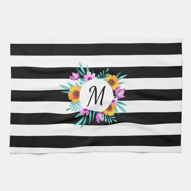 Black Stripes Floral Wreath Personalized Initial Towel (Horizontal)