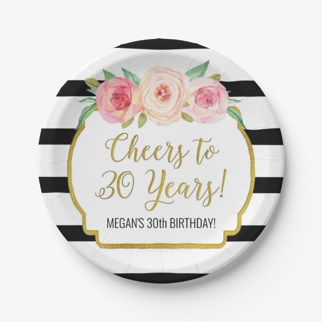Black Stripes Flowers Cheers to 30 Years Birthday Paper Plates (Front)