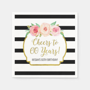 Black Stripes Flowers Cheers to 60 Years Birthday Napkins