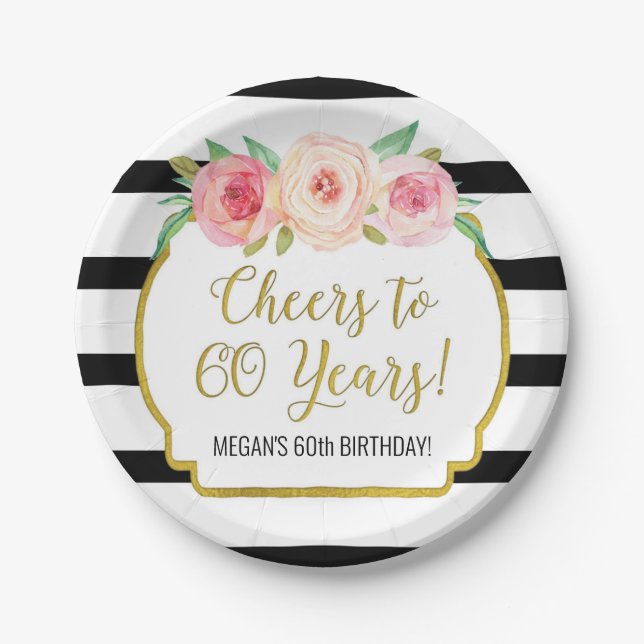 Black Stripes Flowers Cheers to 60 Years Birthday Paper Plates (Front)