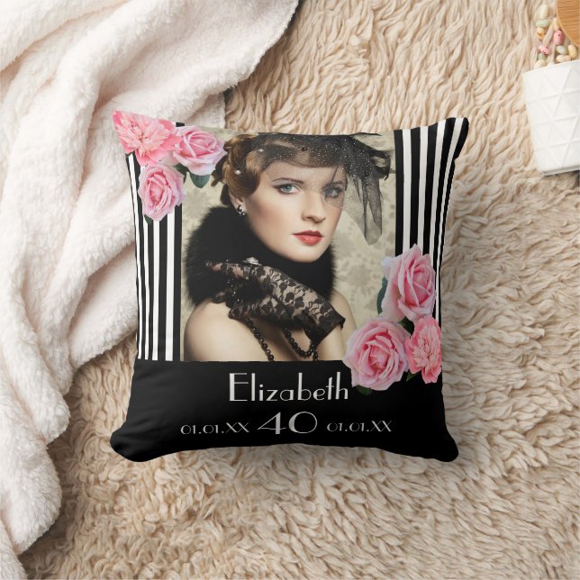 Black stripes flowers photo 40th birthday throw pillow (Blanket)