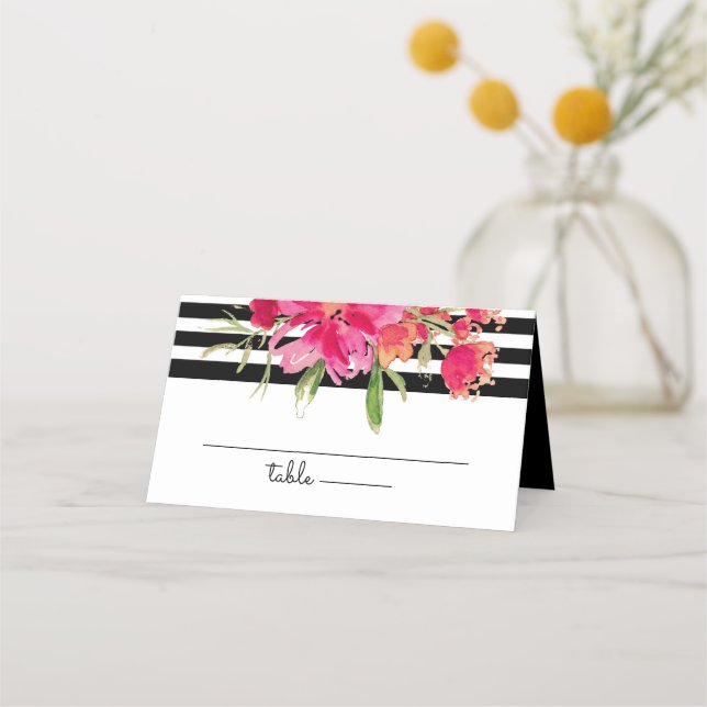 Black Stripes | Fuchsia Flowers Wedding  Place Card (Front)