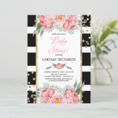 Black Stripes Gold and Pink Floral Baby Shower Invitation (Standing Front)