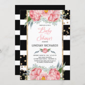 Black Stripes Gold and Pink Floral Baby Shower Invitation (Front/Back)