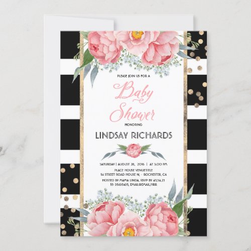 Black Stripes Gold and Pink Floral Baby Shower Invitation