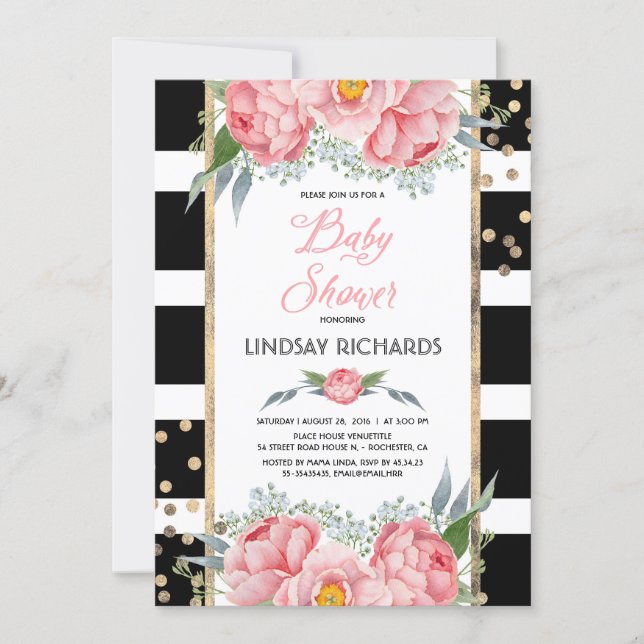 Black Stripes Gold and Pink Floral Baby Shower Invitation (Front)