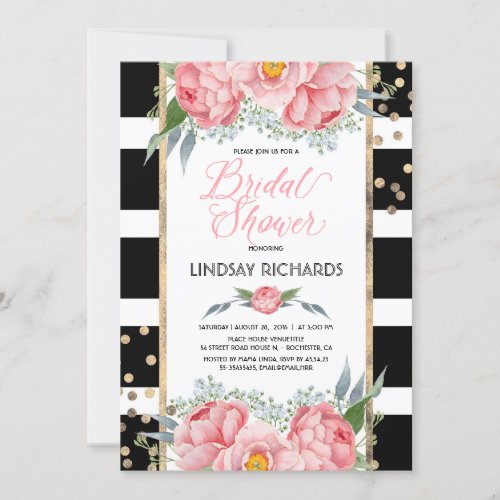 Black Stripes Gold and Pink Floral Bridal Shower Invitation