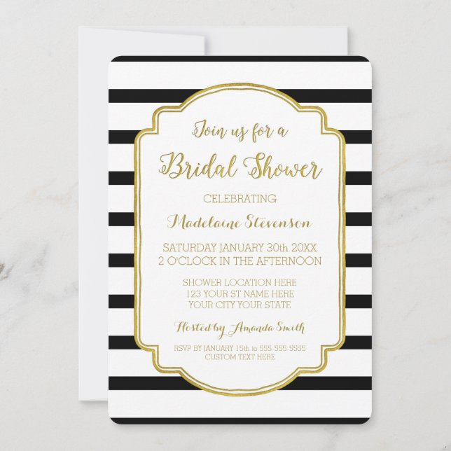 Black Stripes Gold Bridal Shower Invitations (Back)
