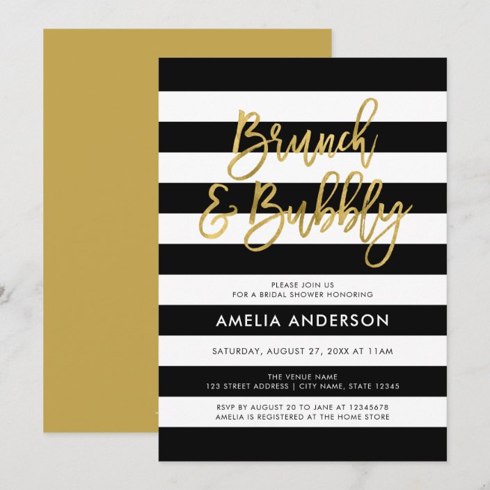 Black Stripes Gold Brunch & Bubbly Bridal Shower Invitation