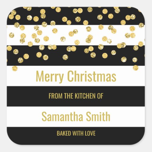 Black Stripes Gold Confetti Christmas Baking Square Sticker