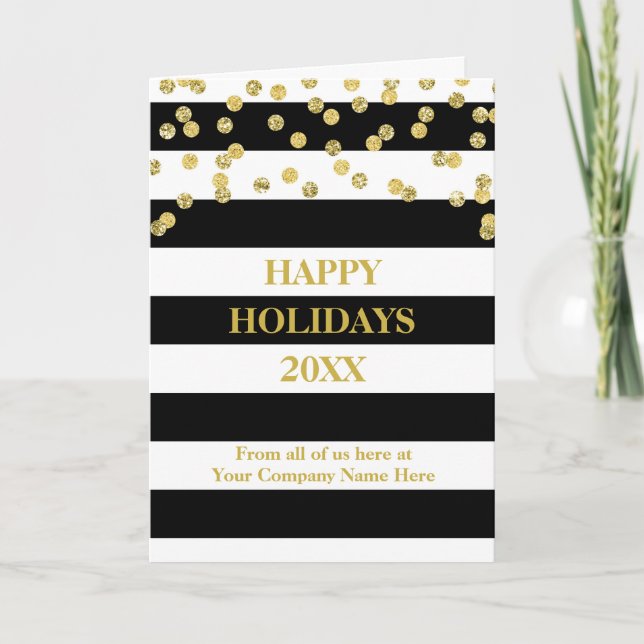 Black Stripes Gold Confetti Corporate Christmas Holiday Card (Front)