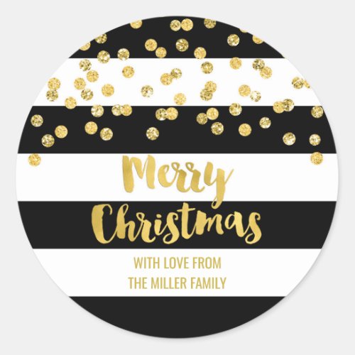 Black Stripes Gold Confetti Merry Christmas Custom Classic Round Sticker