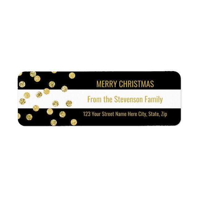 Black Stripes Gold Confetti Merry Christmas Label (Front)
