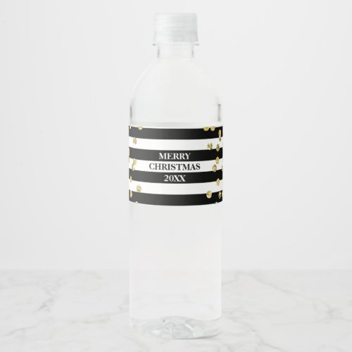 Black Stripes Gold Confetti Merry Christmas Water Bottle Label