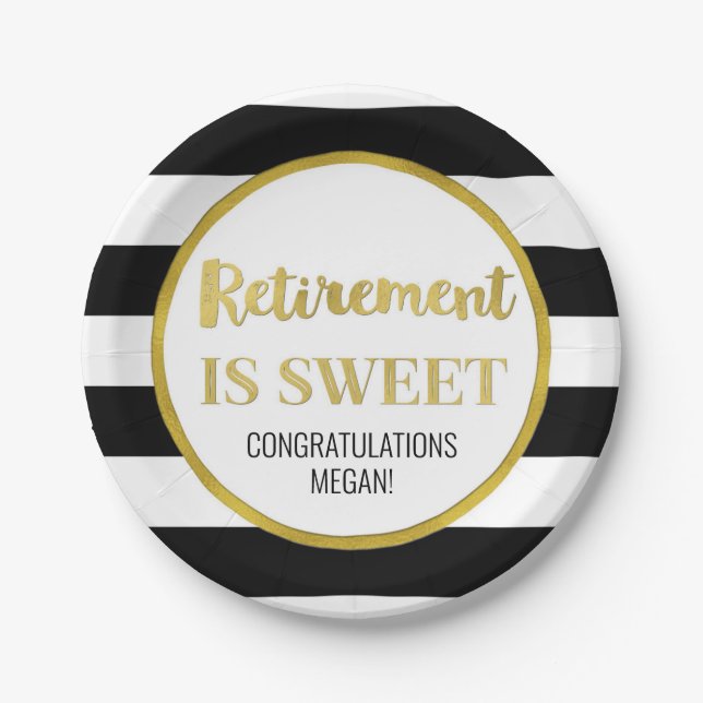 Black Stripes Gold Confetti Retirement is Sweet Paper Plates (Front)