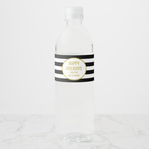 Black Stripes Gold Custom Happy Holidays Water Bottle Label