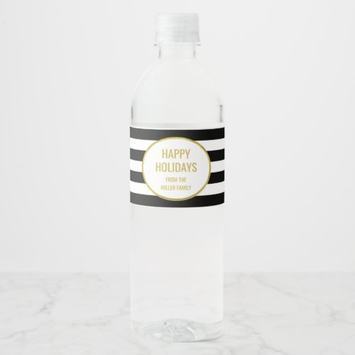 Black Stripes Gold Custom Happy Holidays Water Bottle Label