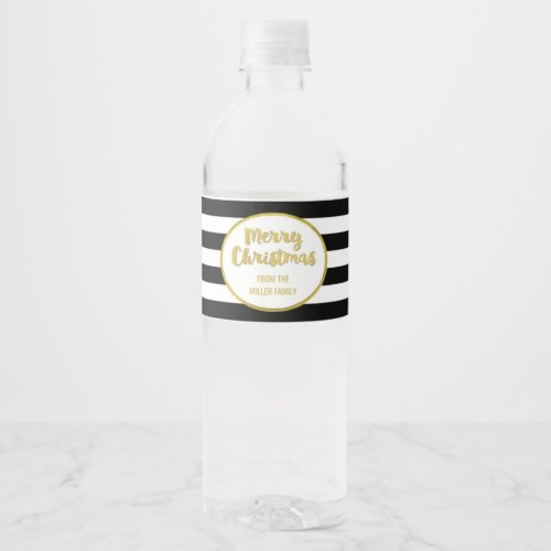 Black Stripes Gold Custom Merry Christmas Water Bottle Label