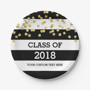 Black Stripes Gold Dots Class of 2018 Graduation Paper Plates