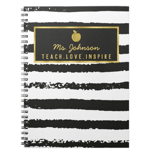 Black Stripes Gold Foil Apple  Teacher Name Notebook