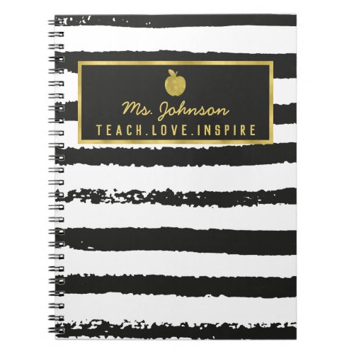 Black Stripes Gold Foil Apple | Teacher Name Notebook