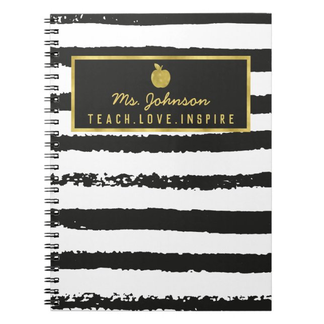 Black Stripes Gold Foil Apple | Teacher Name Notebook (Front)