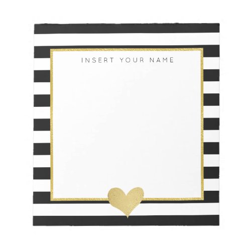 Black Stripes  Gold Foil Heart Notepad 55 x 6