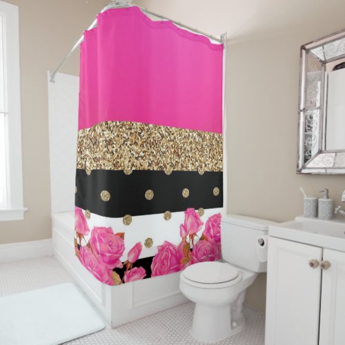 Black Stripes Gold Glitter Polka Dots Pink Roses Shower Curtain