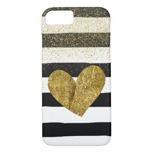 Black Stripes Gold Heart Glitter Shimmer iPhone 87 Case