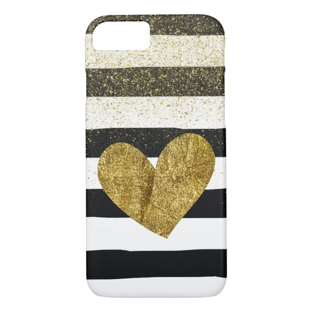 Black Stripes Gold Heart Glitter Shimmer Case-Mate iPhone Case (Back)