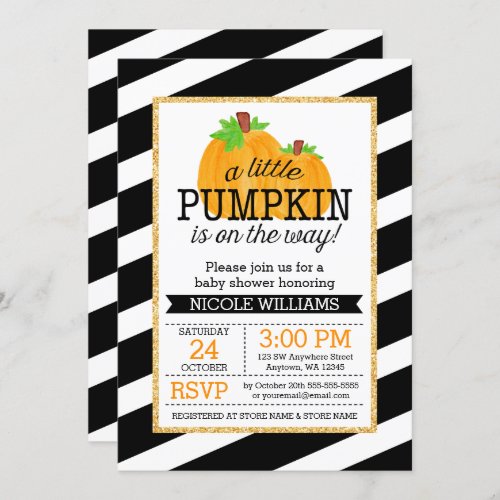 Black Stripes Gold Little Pumpkin Fall Baby Shower Invitation