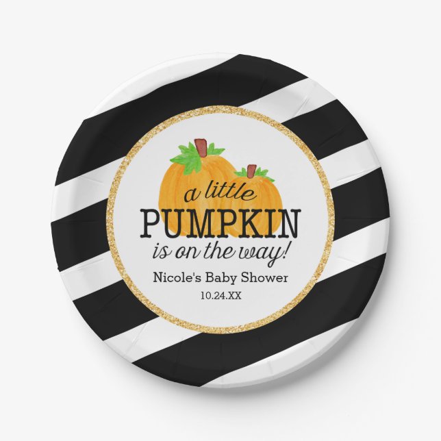 Black Stripes Gold Little Pumpkin Fall Baby Shower Paper Plates (Front)