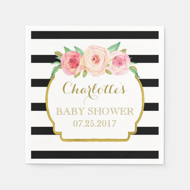 Black Stripes Gold Pink Floral Baby Shower Napkins (Front)