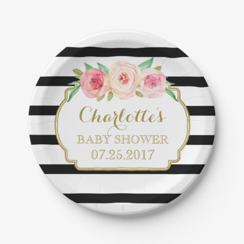 Black Stripes Gold Pink Floral Baby Shower Plate