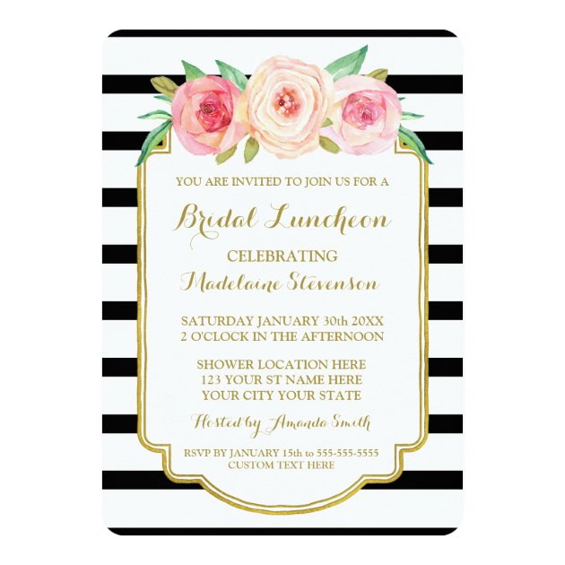 Black Stripes Gold Pink Floral Bridal Lunch Invitation