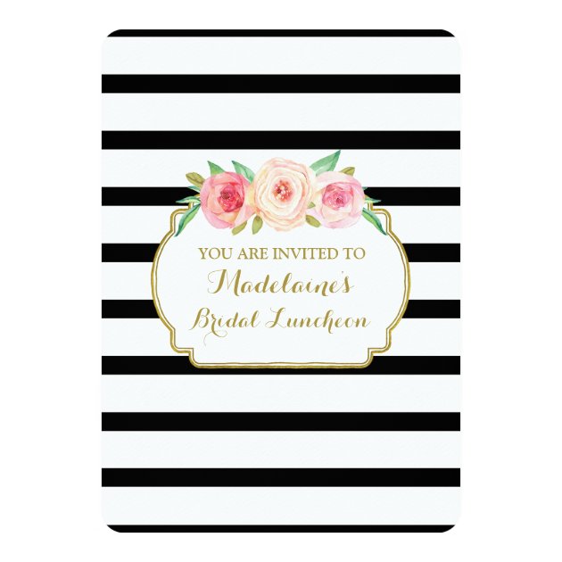 Black Stripes Gold Pink Floral Bridal Lunch Invitation