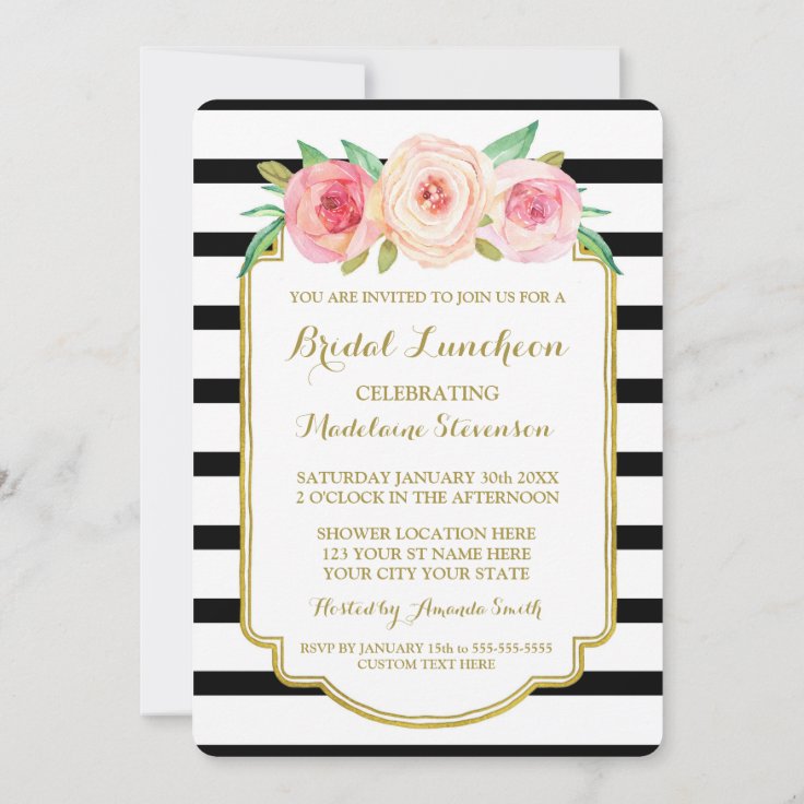 Black Stripes Gold Pink Floral Bridal Lunch Invitation | Zazzle