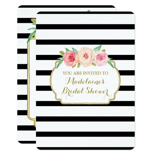 Black Stripes Gold Pink Floral Bridal Shower Invitation