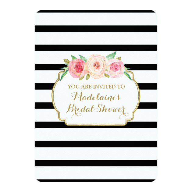 Black Stripes Gold Pink Floral Bridal Shower Invitation