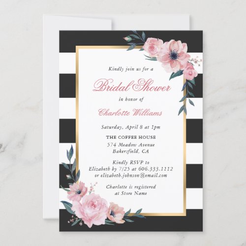 Black Stripes Gold Pink Floral Bridal Shower Invitation